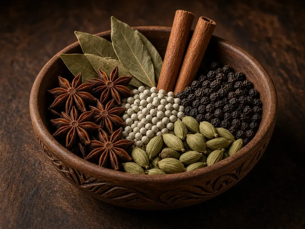 Whole spices spread around a wooden bowl of khada masala