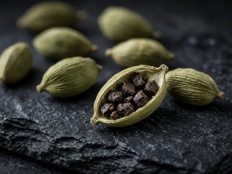 Green cardamom pods in a small bowl
