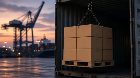 Shipping containers stacked at a port at dusk