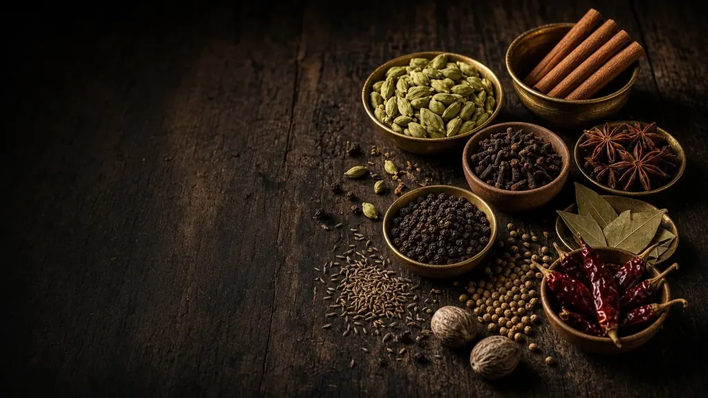 Indian whole spices — cardamom, cloves, cinnamon sticks, star anise and black pepper — arranged on a wooden surface
