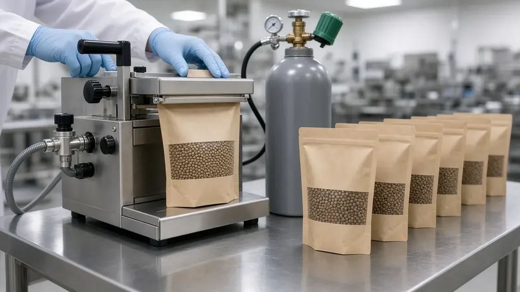 Pouches of dry foods being packed with nitrogen flushing (illustrative)