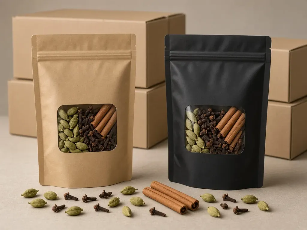 Nitrogen-flushed packing options (illustrative): plain unbranded pouches of whole spices