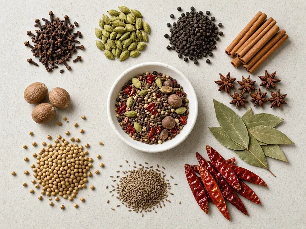 Assorted Indian whole spices including dry red chillies, bay leaves, cumin and coriander seeds