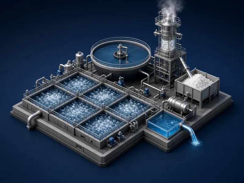3D illustration of an effluent treatment plant with aeration tanks, clarifier and a zero liquid discharge evaporator producing dry salt