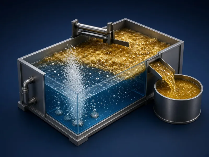 3D illustration of a dissolved air flotation unit lifting a golden oil and fat layer into a recovery drum