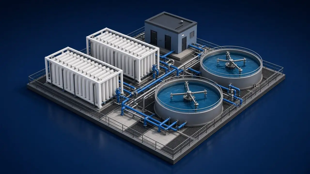 3D illustration of a water treatment plant with membrane modules, clarifier tanks and blue pipework