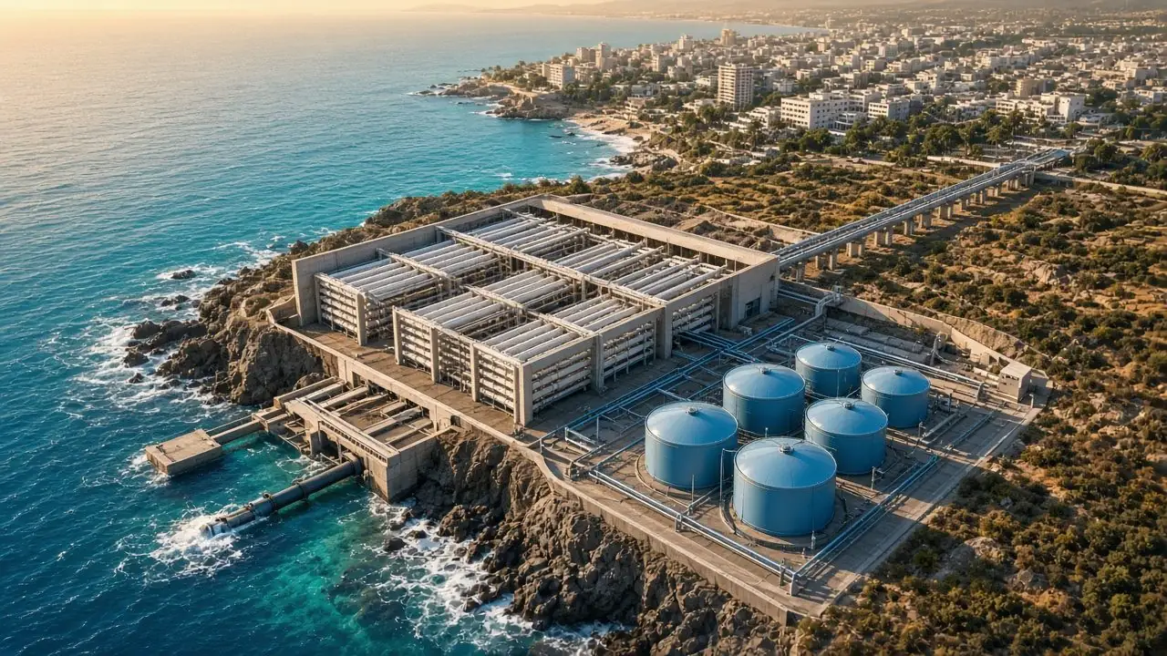 3D illustration of a seawater desalination plant on the coast with reverse osmosis trains and drinking-water storage tanks