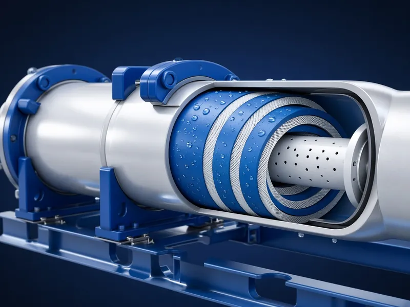 3D cut-away of a reverse osmosis pressure vessel showing spiral-wound membrane layers