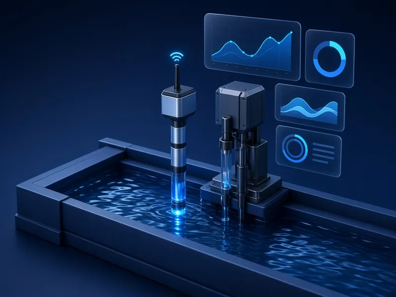 3D illustration of water-quality sensor probes in a channel with live monitoring dashboards